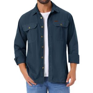 Casual Workwear Long Sleeve Pockets Fishing Hiking Work Shirts Dark Blue